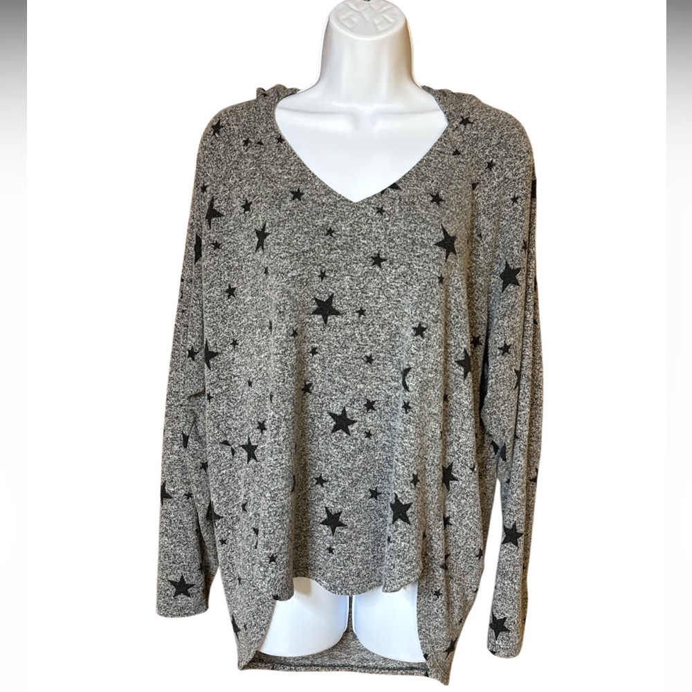 Lucky Brand Gray Knit Star Pull Over Light Weight Hooded High Low Top Size Small